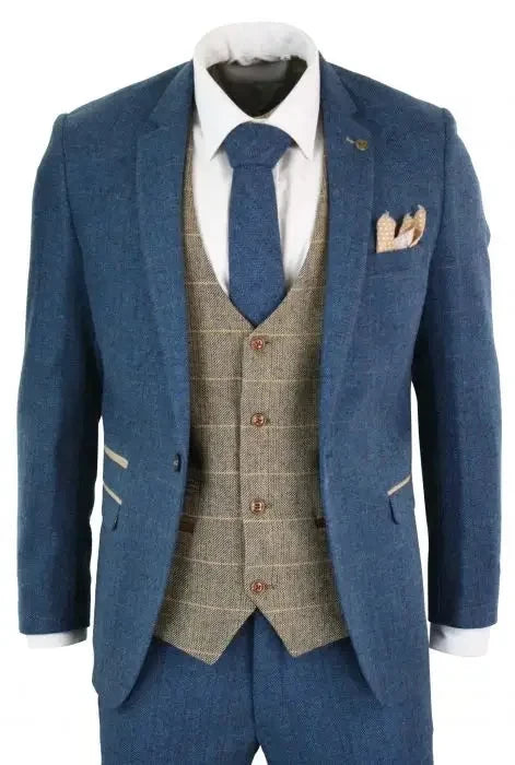 marc-darcy-dion-herren-blau-hellbraun-braun-3-teilig-fischgrat-tweed-kariert-vintage-tailored-fit-anzug