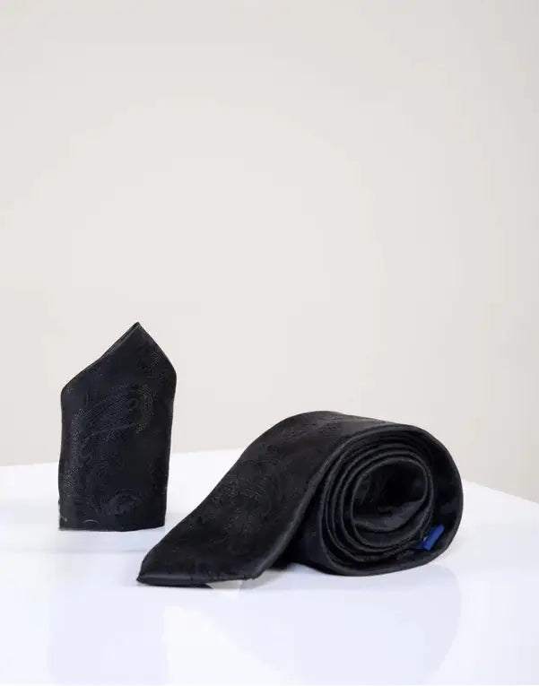 Gentlemens set svart paisley slips med näsduk | Marc Darcy -