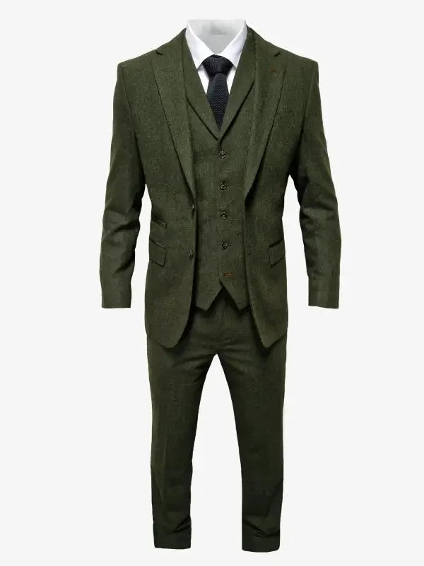TAVERNY Chief - Herrkostym i olivgrön tweed - driedelig pak