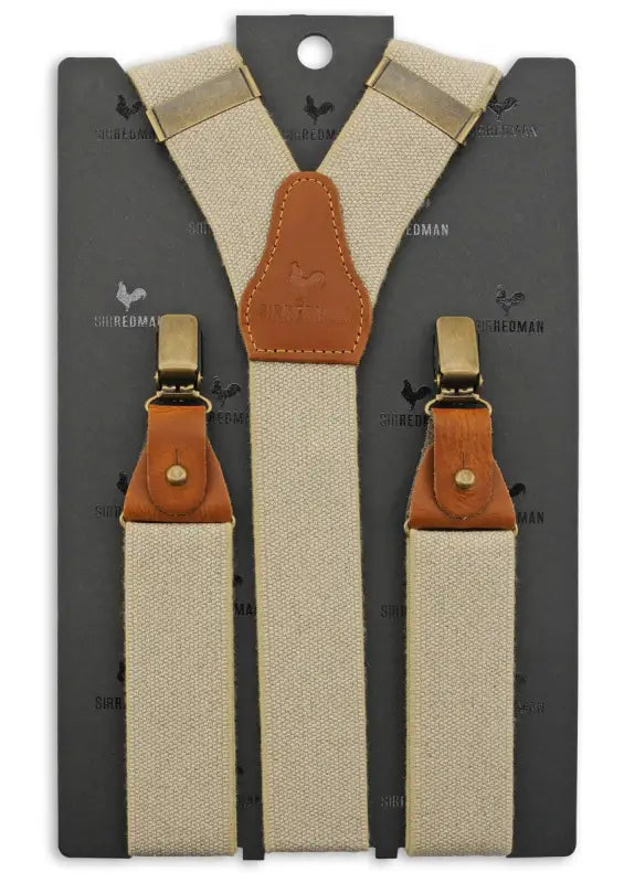 Klassiska hängslen Essential Ecru med bruna läderremmar