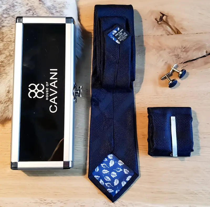 Cavani gentlemens set marineblaue krawatte, einstecktuch, clip, manschettenknöpfe 5